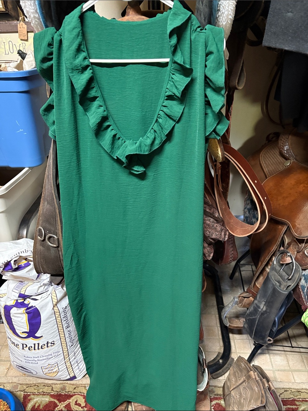 Emerald Green Ruffle V-Neck Maxi Dress